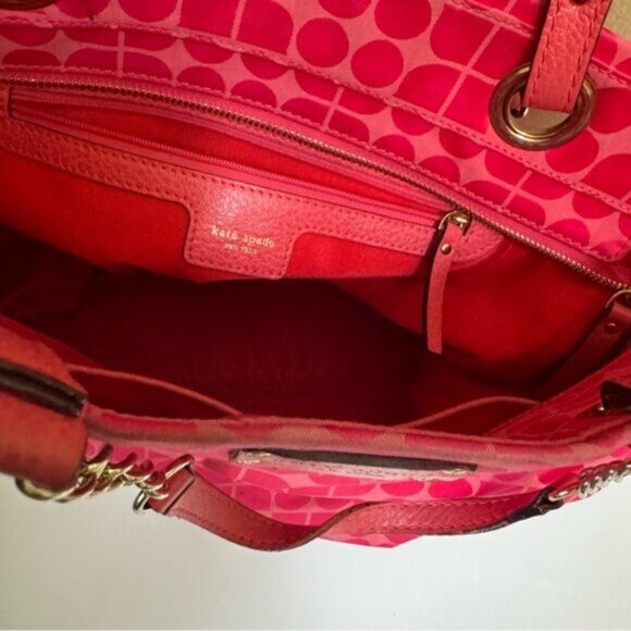 Kate Spade Pink Jacquard Pink Canvas Chain Strap Tote Shoulder Bag Leather Print - Picture 9 of 16